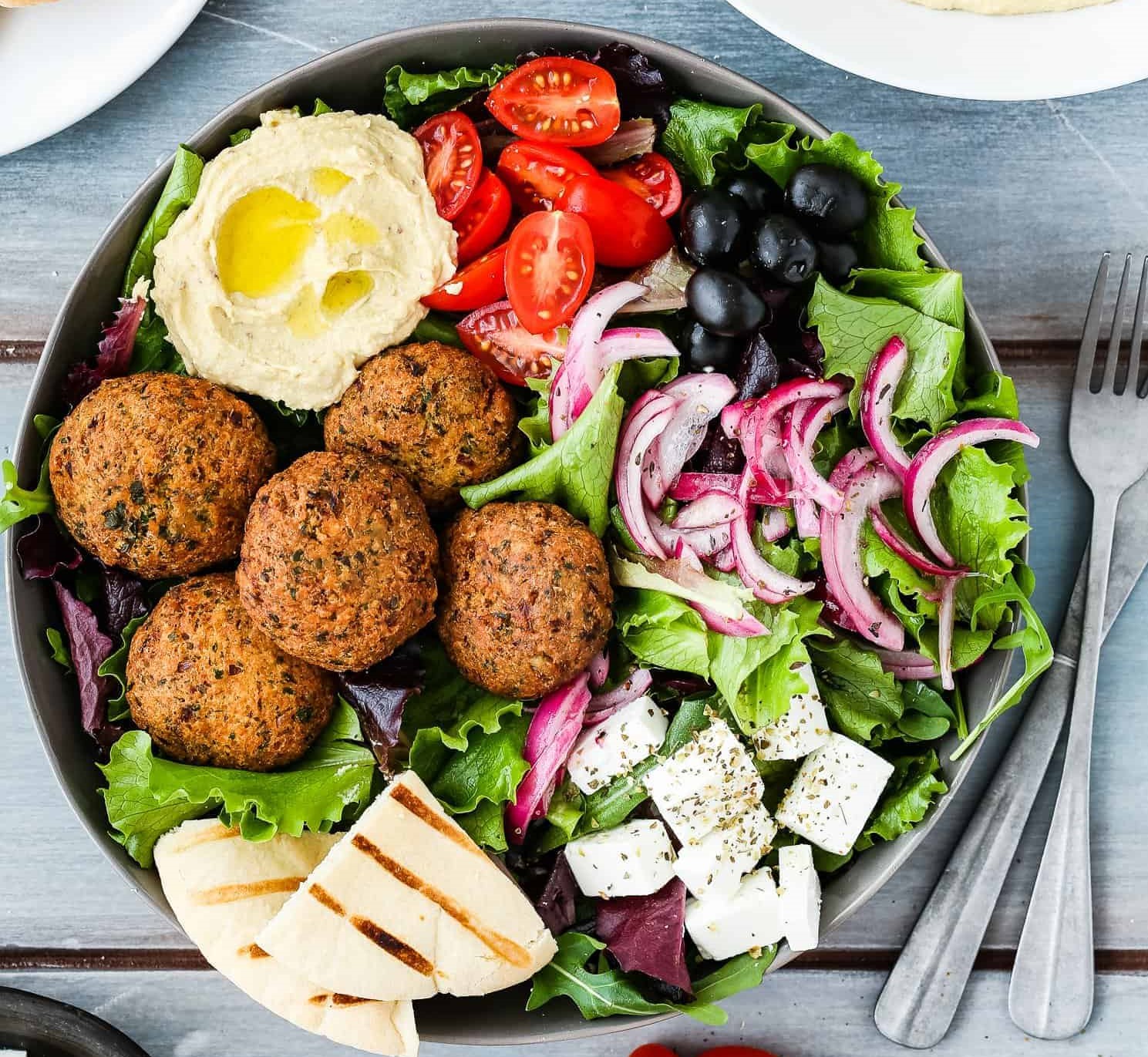 Flaming Hummus and Falafel Salad